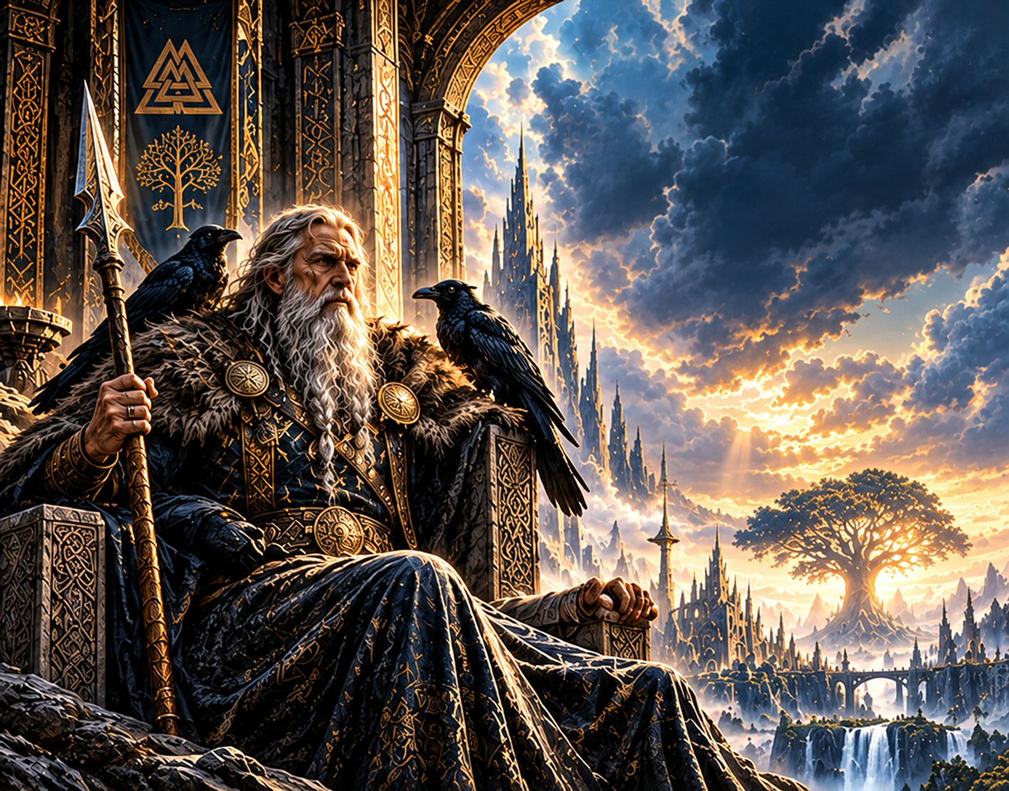 Odin seated among ravens in an ornate hall beneath golden lettering.