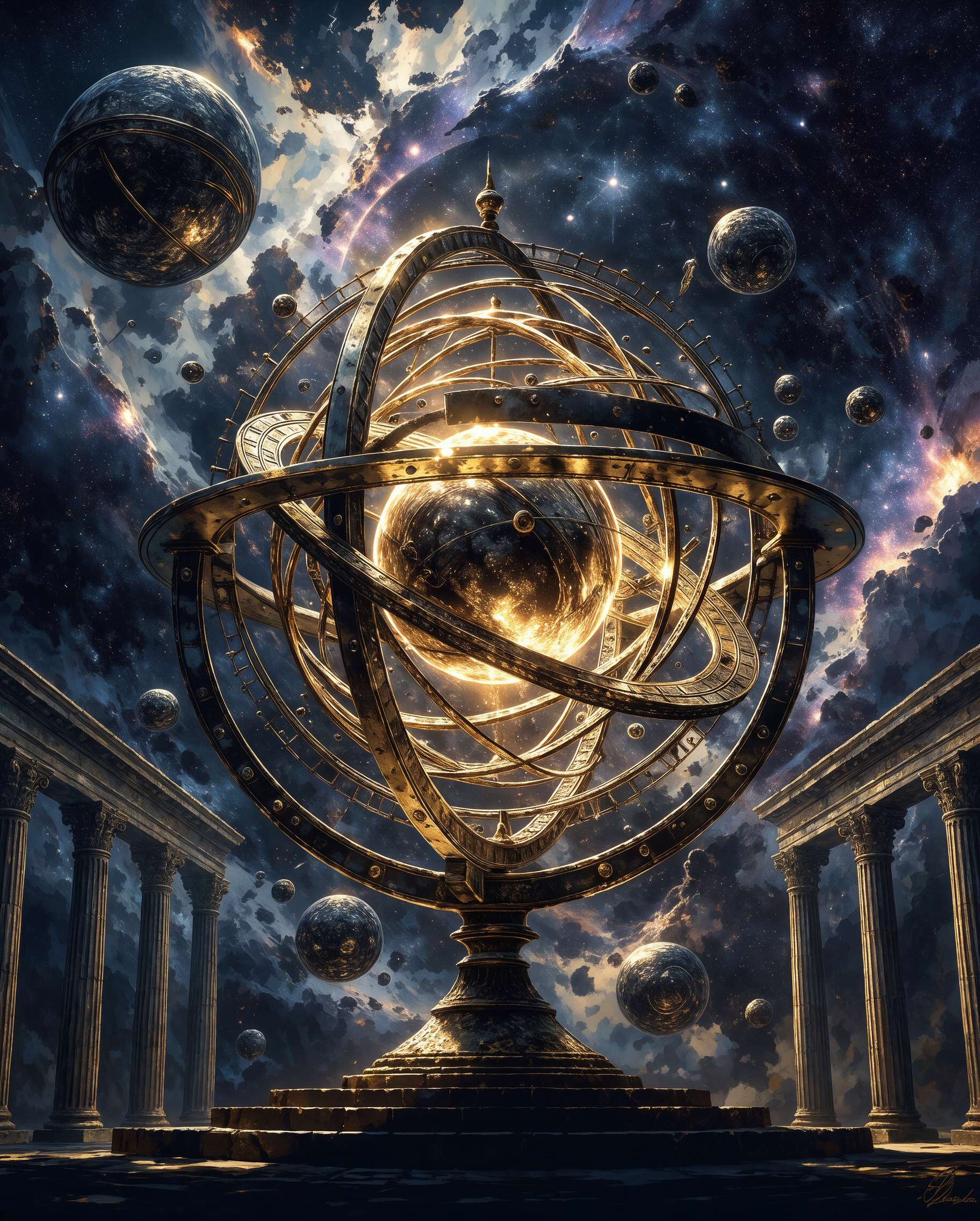 A luminous golden armillary sphere among planets and ancient columns.
