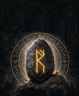 A glowing runestone in a shadowed forest beside a rune reader.