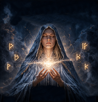 A hooded seer holds a glowing light as runes float around her.