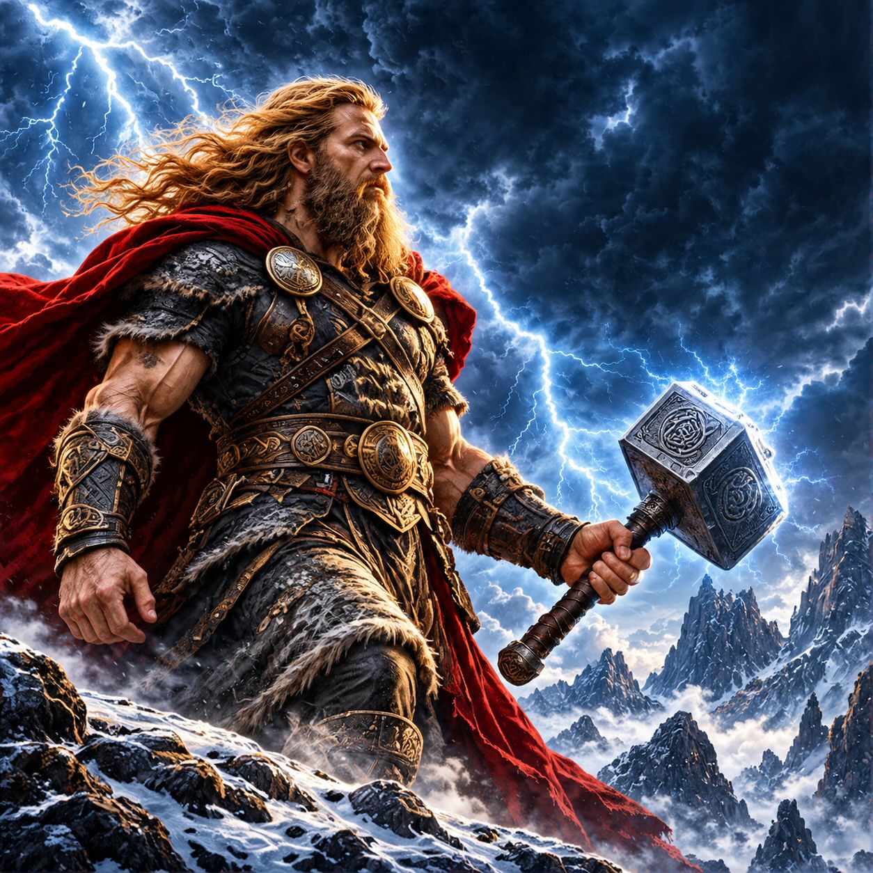Thor stands with his hammer amid lightning and a rugged mountain realm.