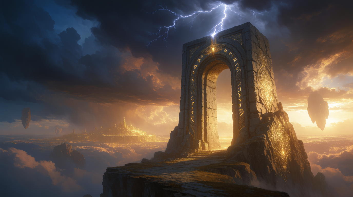 An ancient rune-carved gateway rises above the clouds, lit by a golden sunset and a flash of lightning.